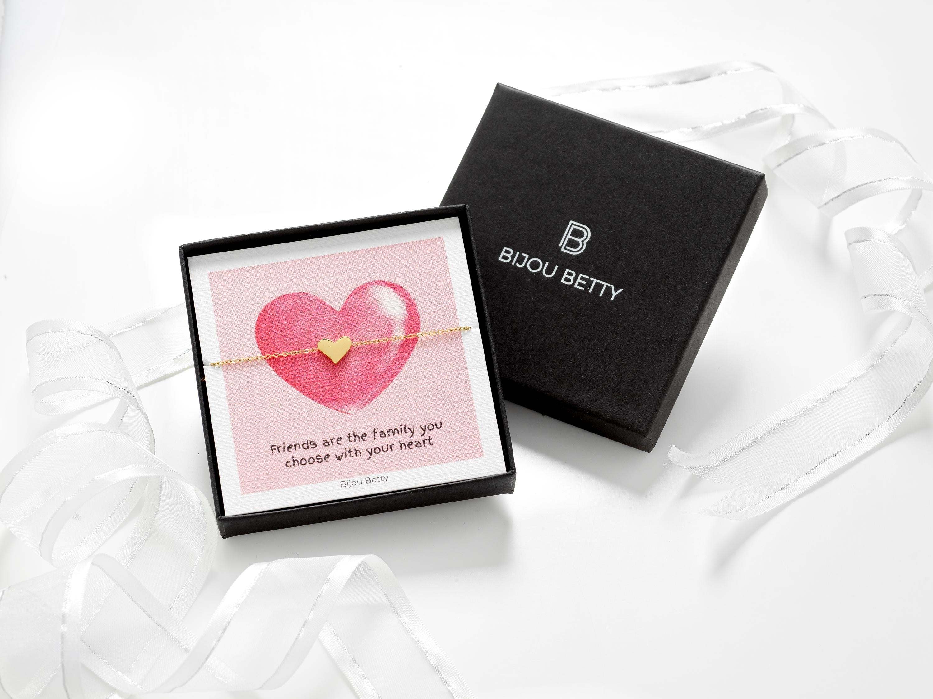 18k gold-plated 10mm heart bracelet in Bijou Betty box with friend card, ideal for birthdays.