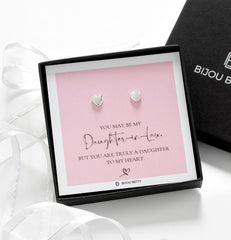 Close-up of 14k gold-plated heart earrings, perfect for daughter-in-law wedding or thank-you gifts.