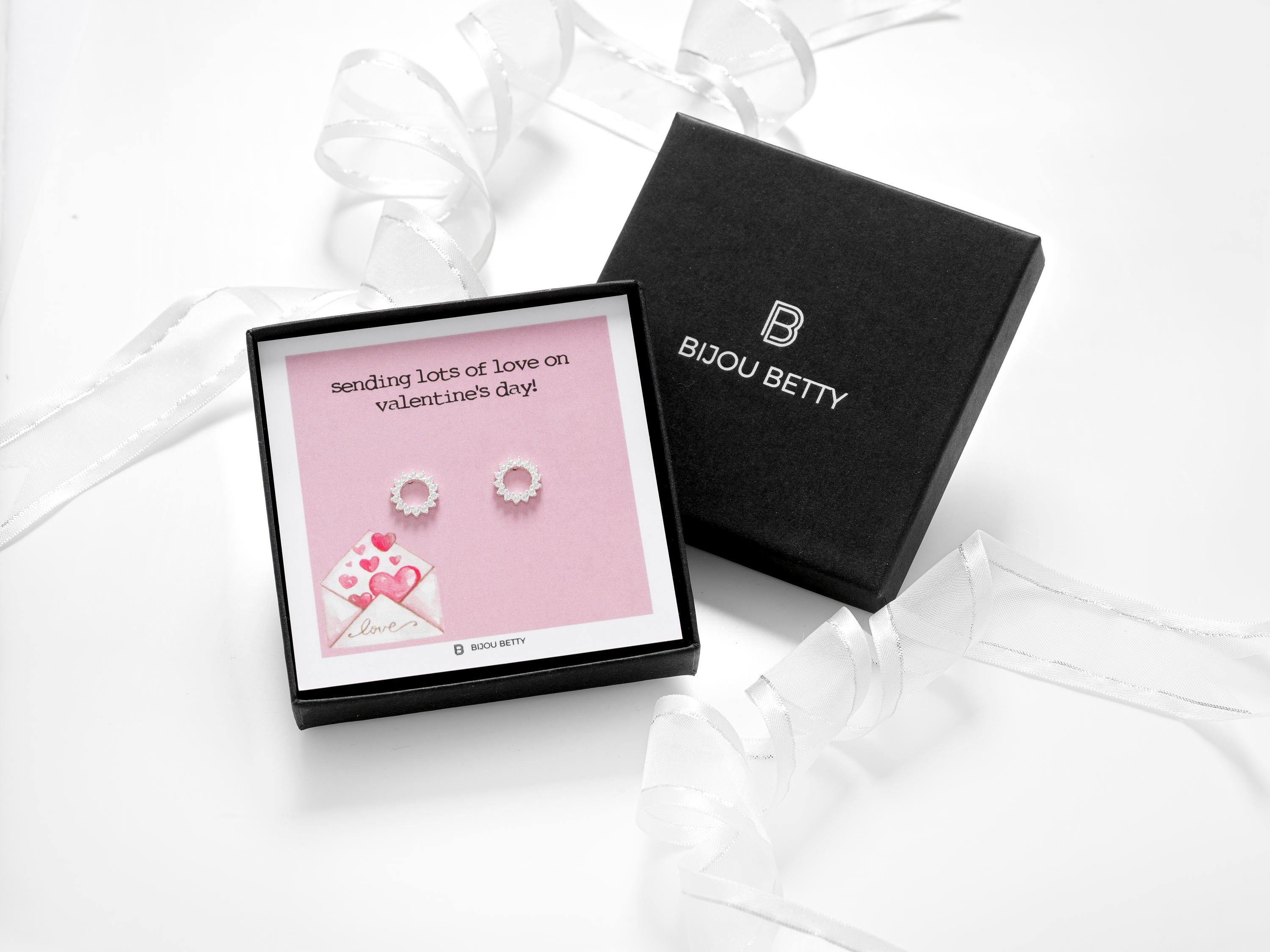 Sterling silver 10mm sunburst earrings in Bijou Betty box with Valentine's Day card, ideal for wives.
