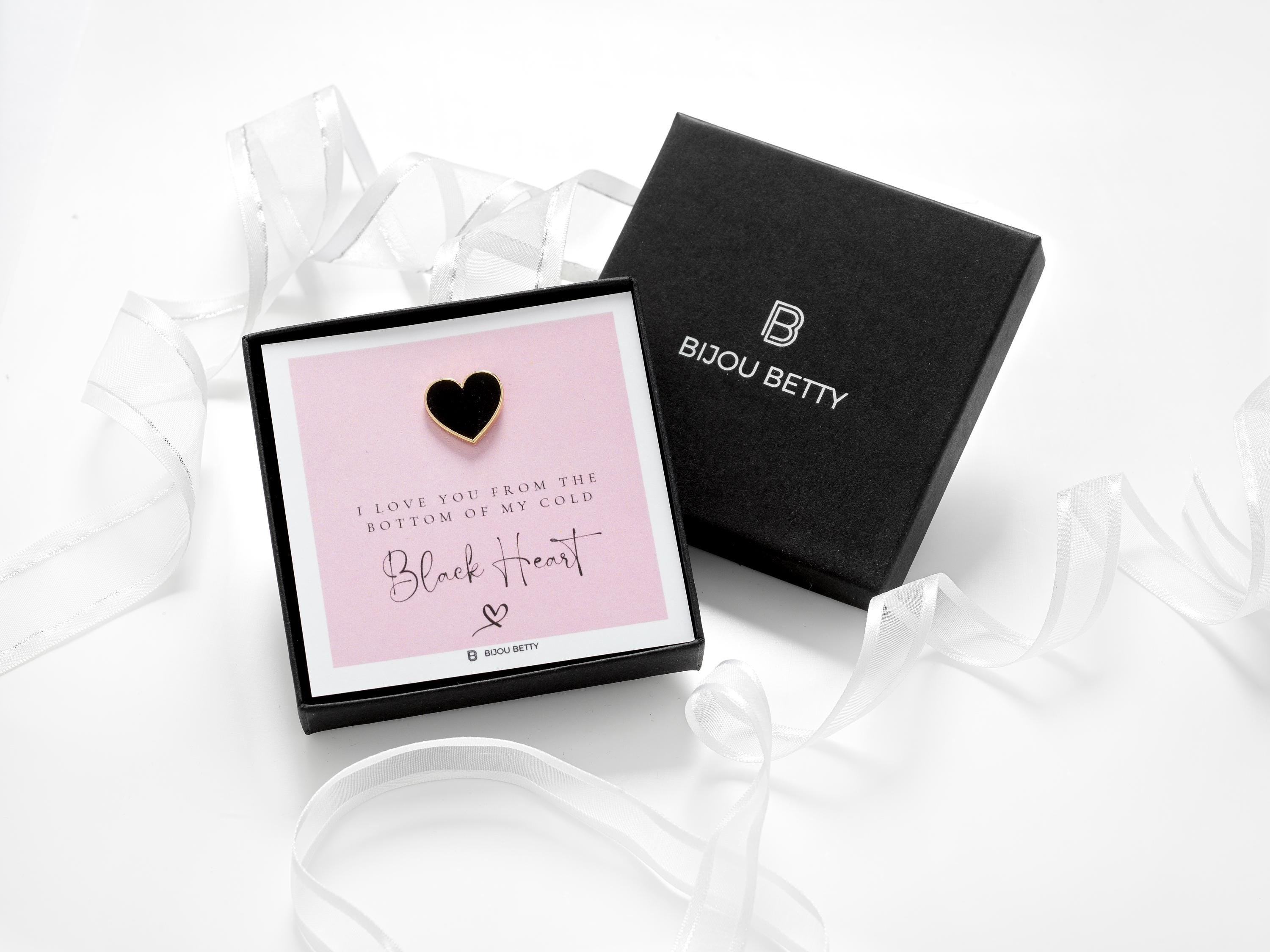 Black enamel heart pin on card with funny quote, perfect Valentine's or birthday gift for girlfriend