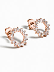 Rose gold hoop stud earrings with a halo of clear round-cut gemstones, shown on a clean white background.