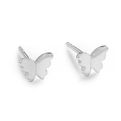 Silver butterfly stud earrings on a white background