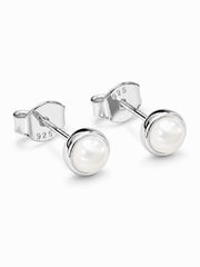 Pair of silver stud earrings with pearls on a white background