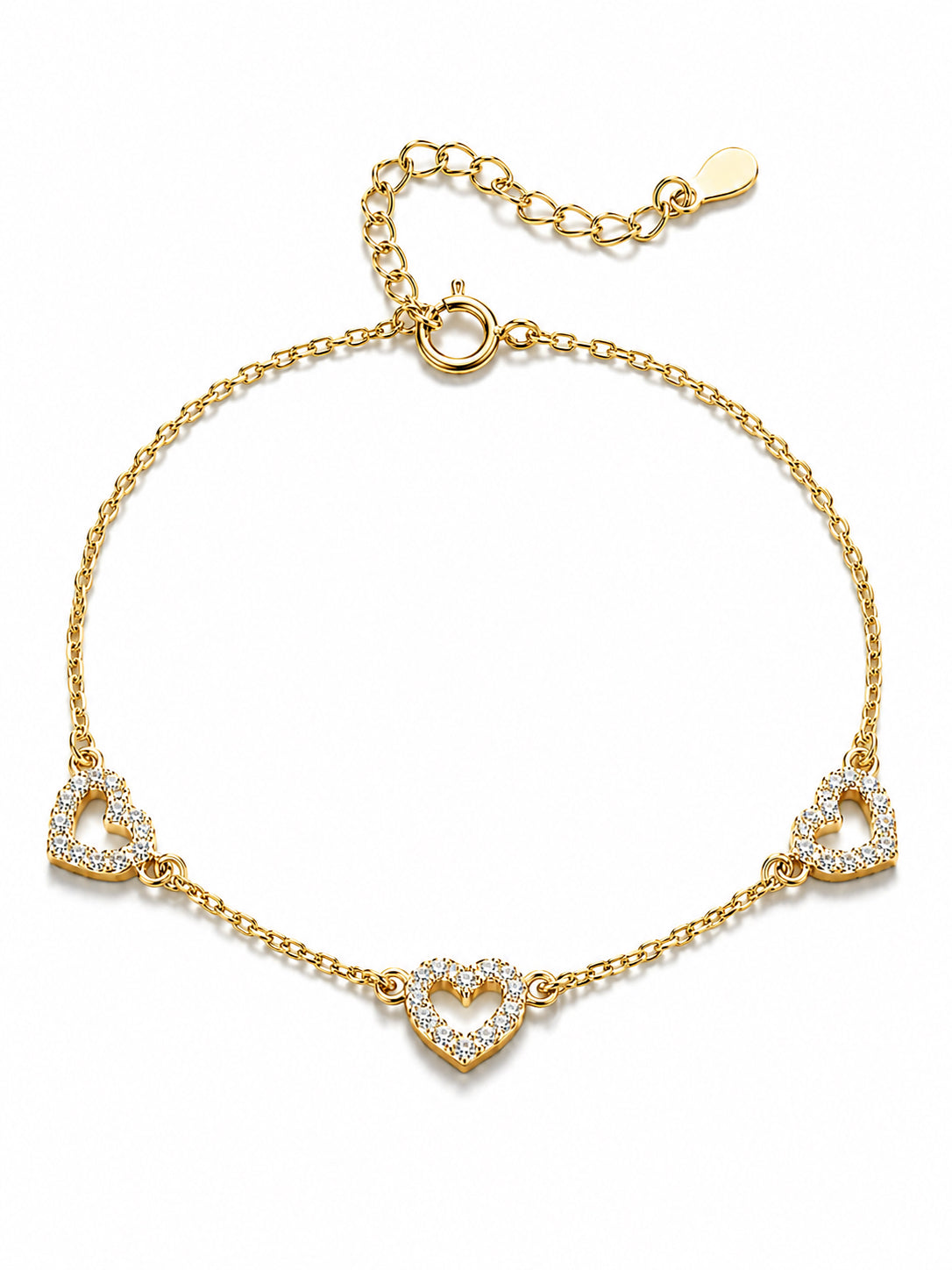 Gold bracelet with heart-shaped charms on a white background