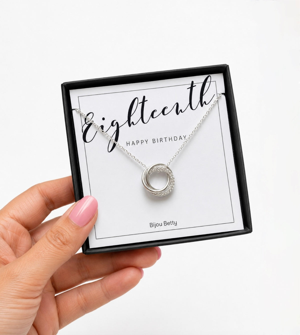 18th birthday silver 3 rings necklace in luxury gift packaging