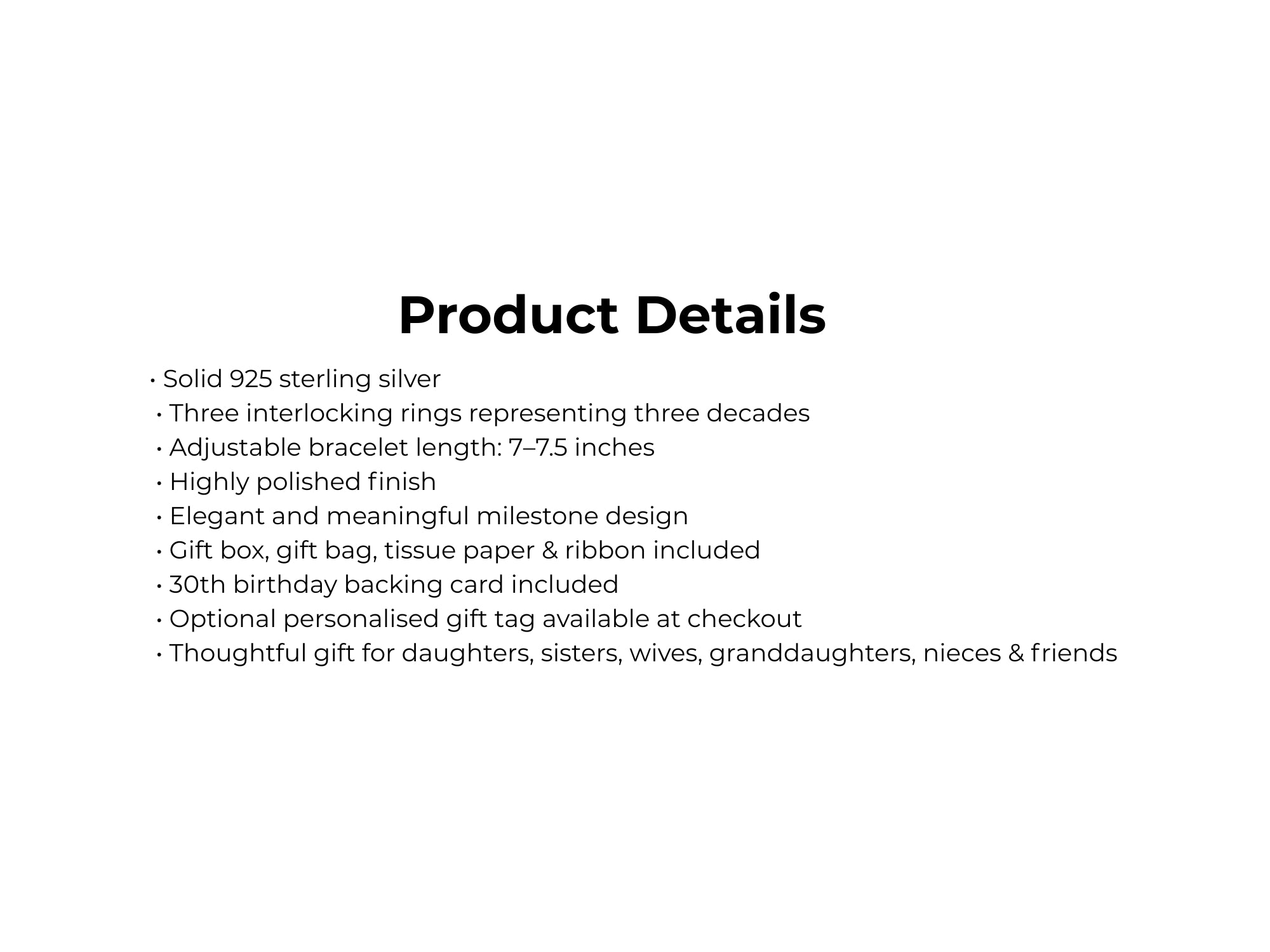 Product details of a solid 925 sterling silver bracelet with interlocking rings on a white background.
