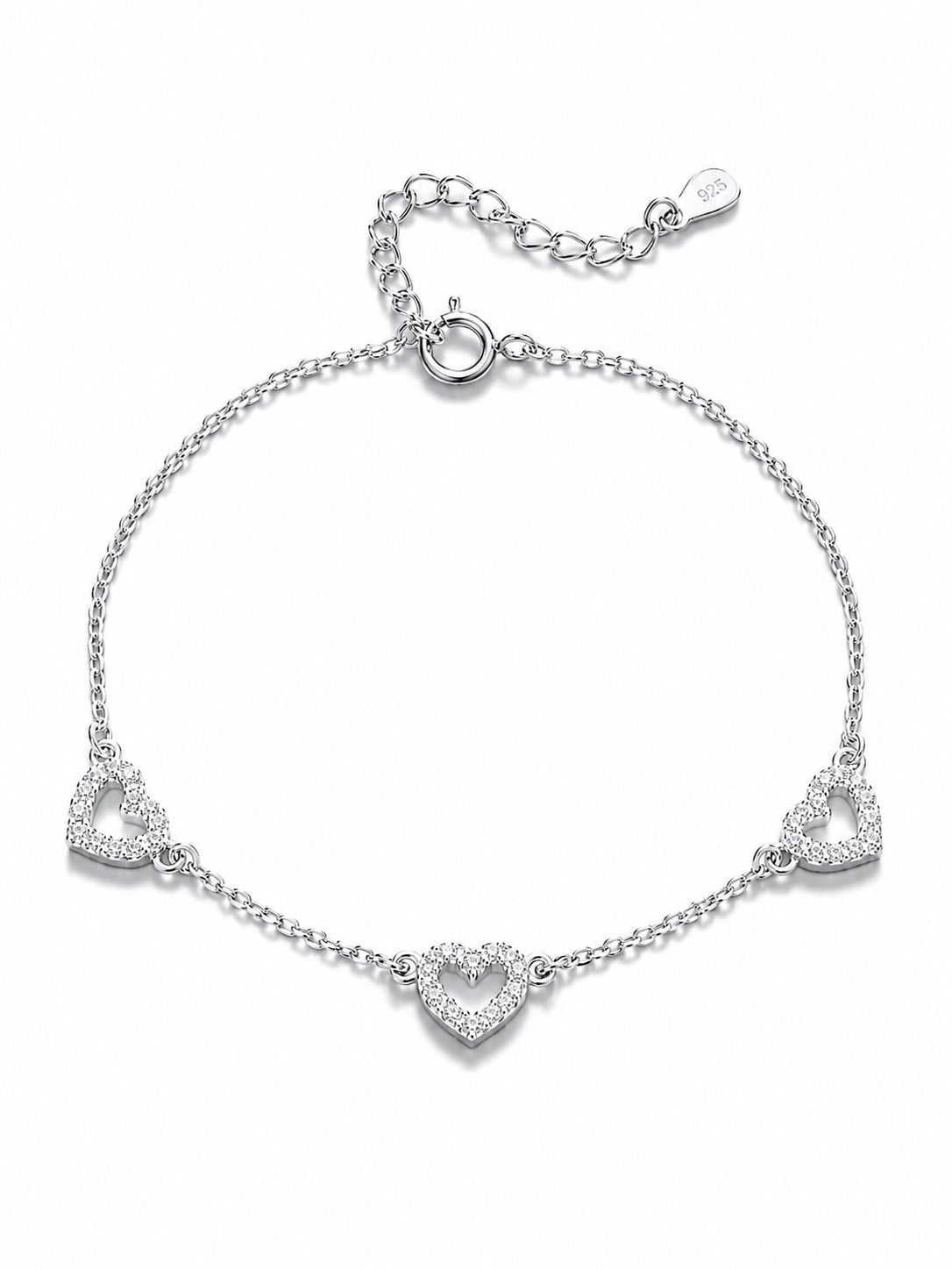 Silver bracelet with heart-shaped charms on a white background