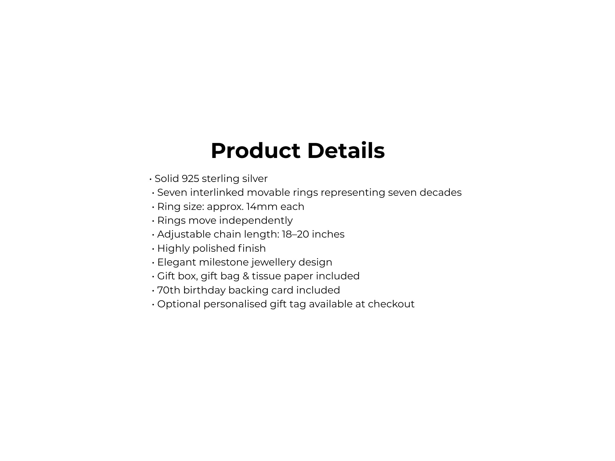 Product details of a silver necklace with interlinking movable rings on a white background