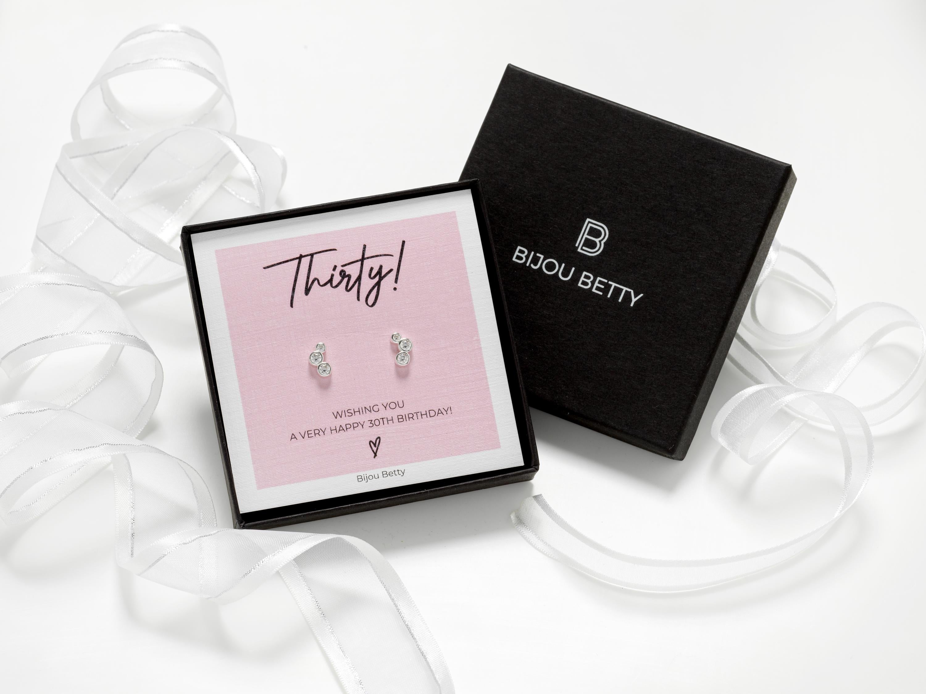 Bijou Betty’s 30th birthday gift set, 925 silver stud earrings in gift box with bag, tissue, and card: Thirty! Wishing you a very happy 30th birthday!