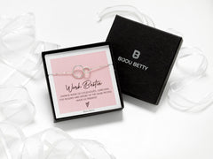 Sterling silver two-circle necklace in Bijou Betty gift box with work bestie card, ideal for colleague thank-yous.