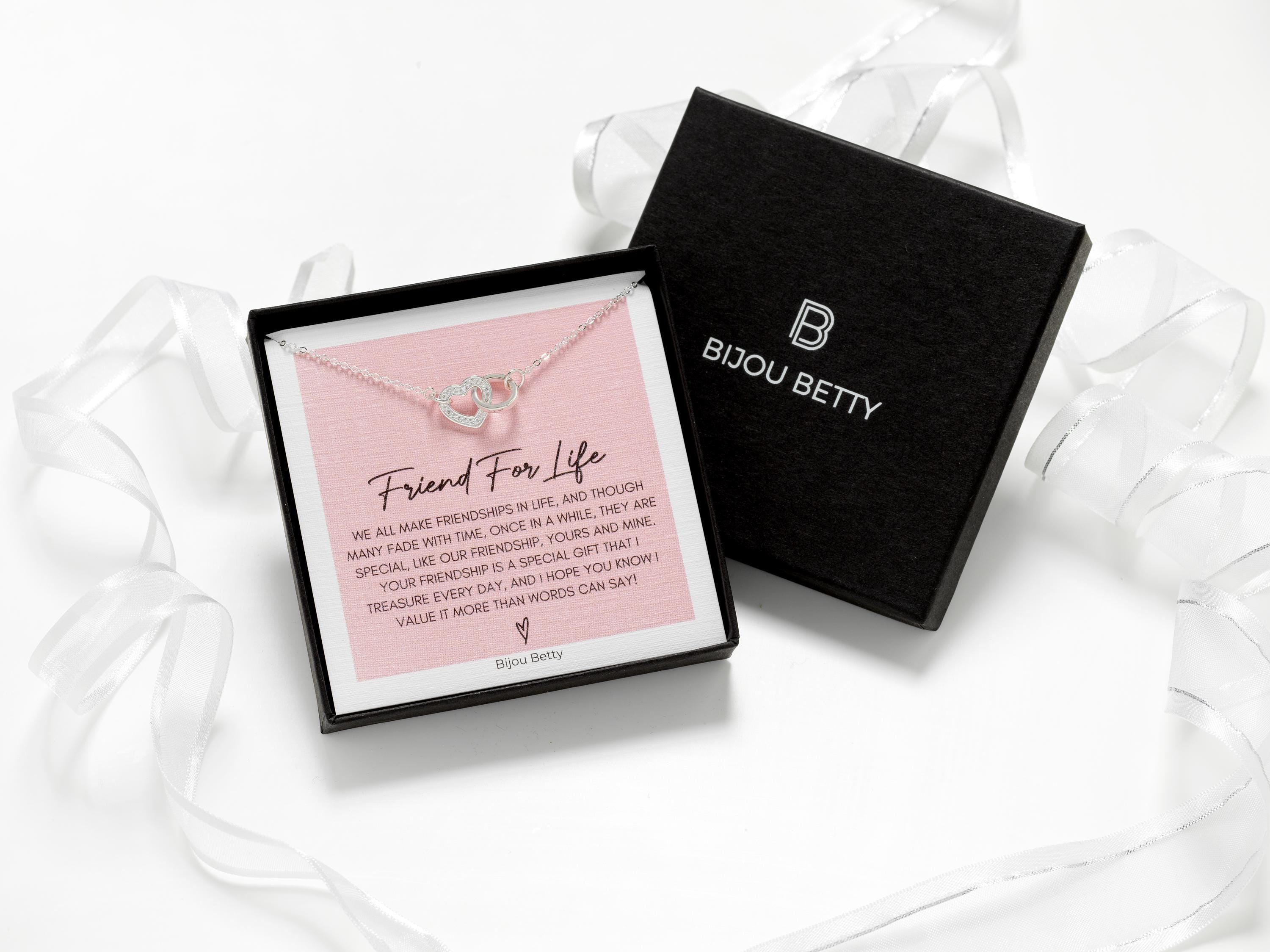 Sterling silver 18mm heart and circle necklace with CZ in Bijou Betty gift box with friend card, ideal for best friends.