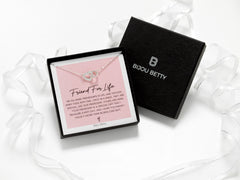 Sterling silver 18mm heart and circle necklace with CZ in Bijou Betty gift box with friend card, ideal for best friends.