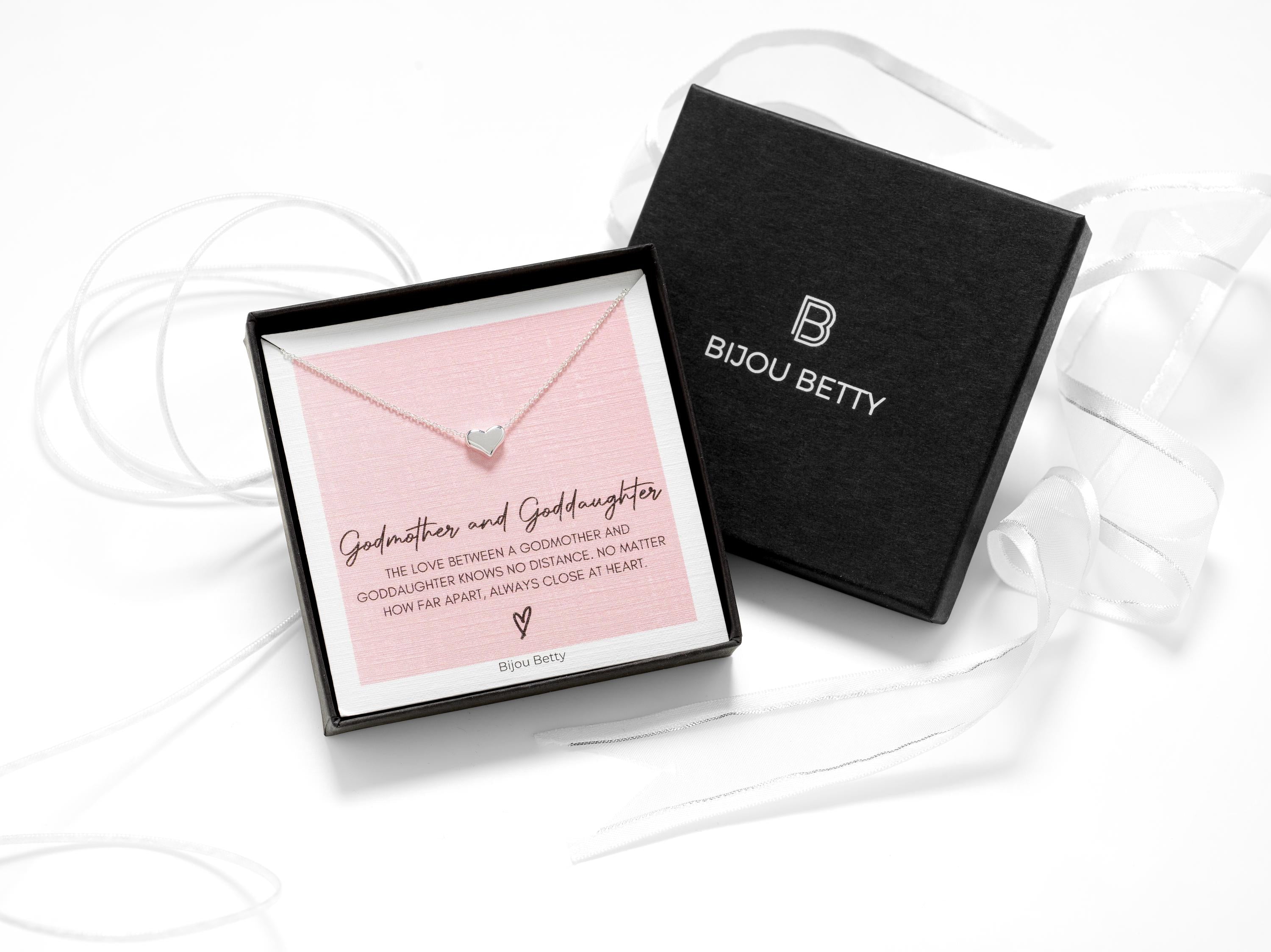 Sterling silver 9mm heart necklace in Bijou Betty gift box with godmother-goddaughter card, ideal for christenings.