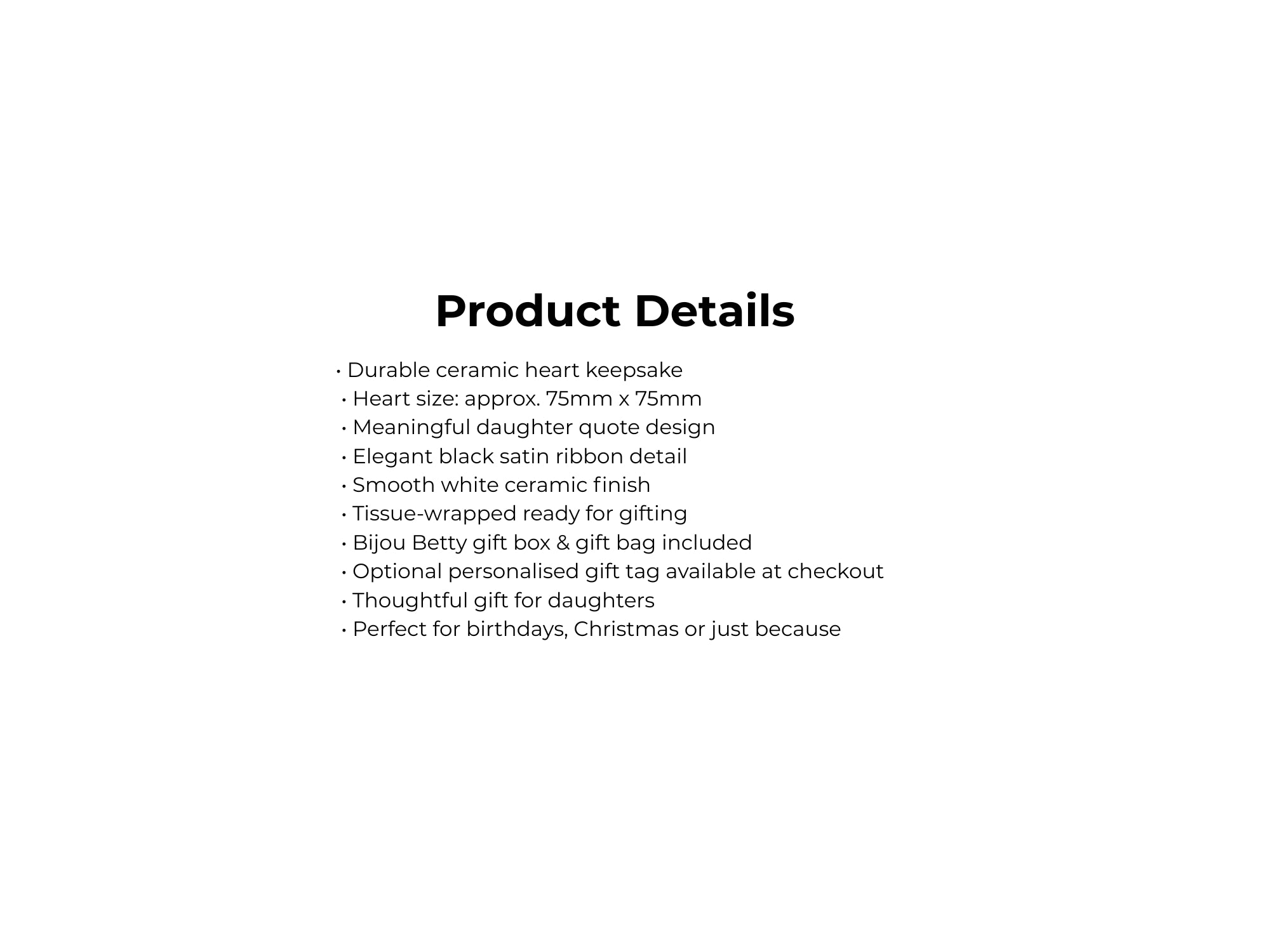 Product details of a ceramic heart keepsake with a daughter quote on a white background