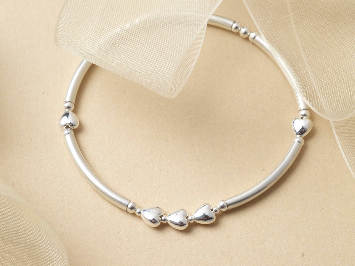 Sterling Silver 50th Birthday Bracelet: Five Heart Beads, Milestone Gift