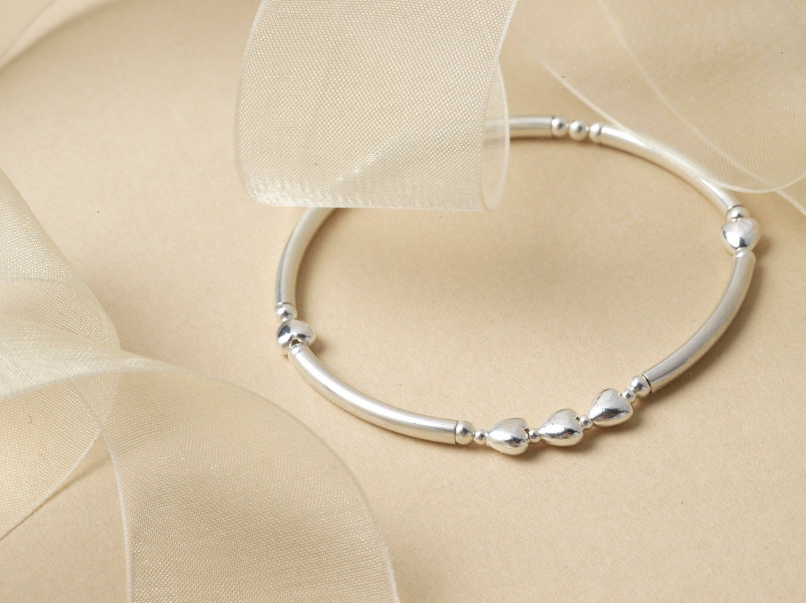 Sterling Silver 50th Birthday Bracelet: Five Heart Beads, Milestone Gift