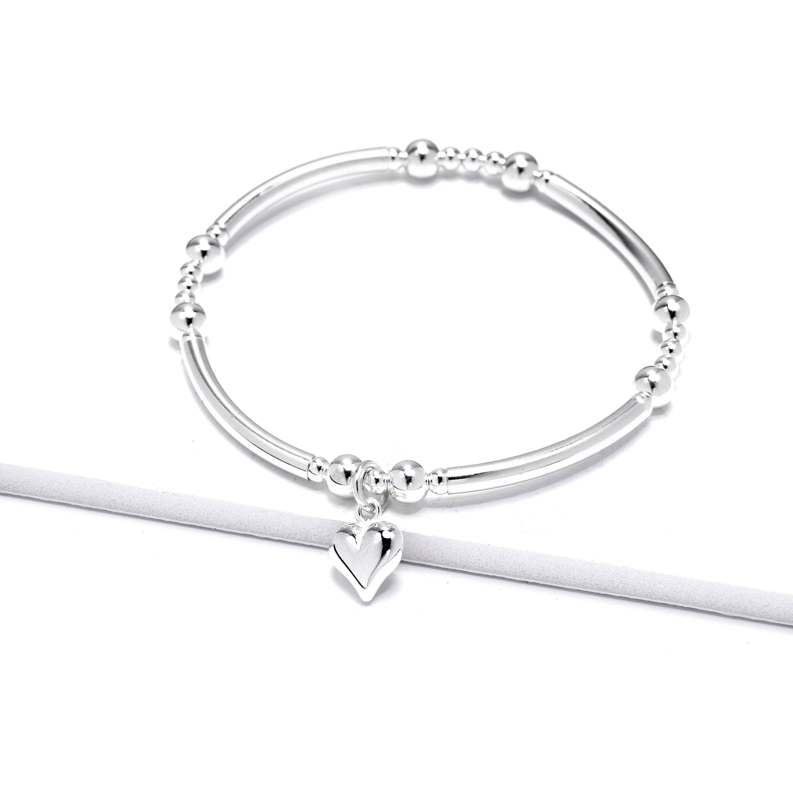 Sterling Silver Heart Charm Bracelet - Beaded Stacking Bracelet