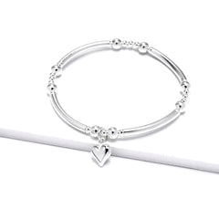 Sterling Silver Heart Charm Bracelet - Beaded Stacking Bracelet