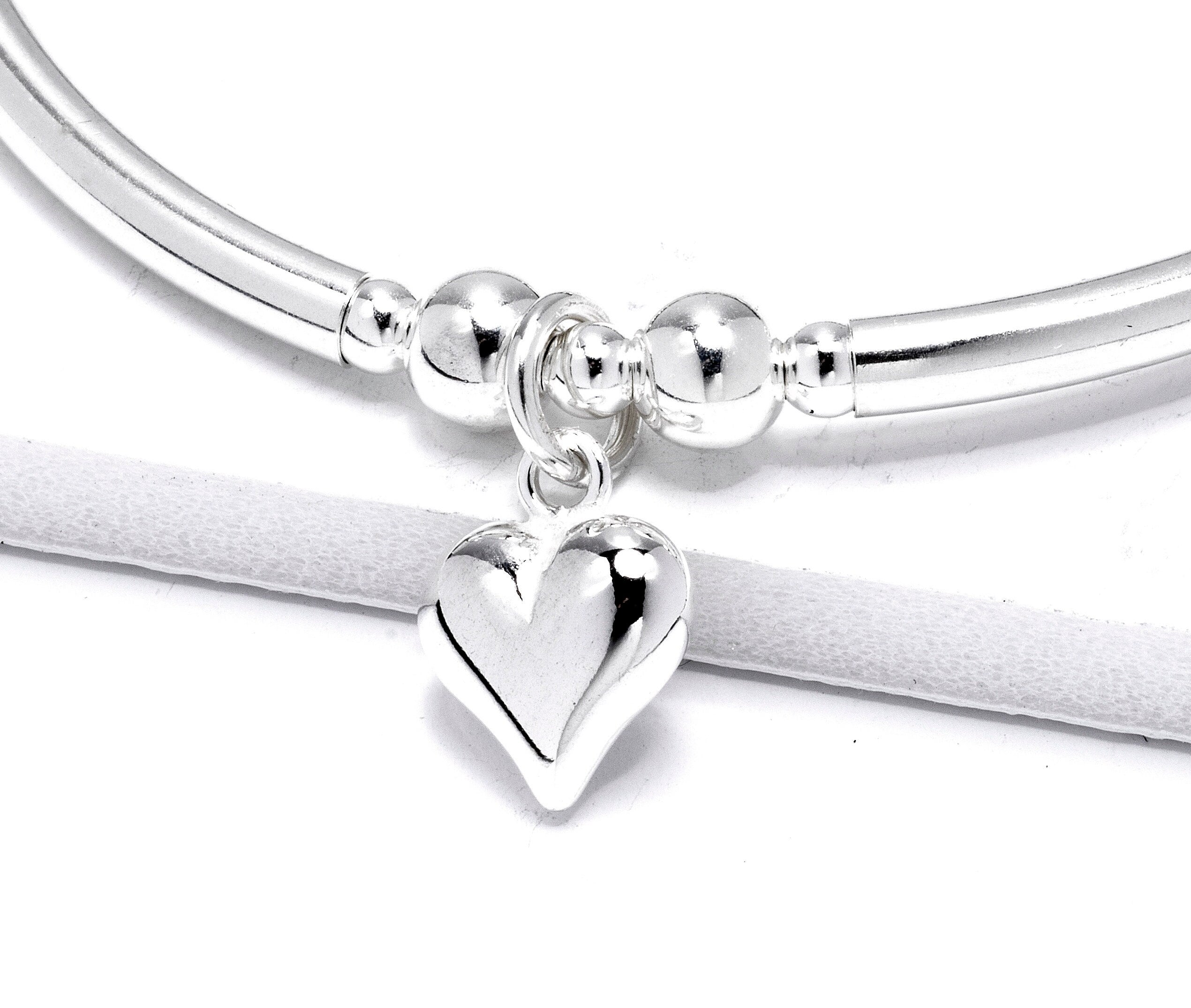 Sterling Silver Heart Charm Bracelet - Beaded Stacking Bracelet