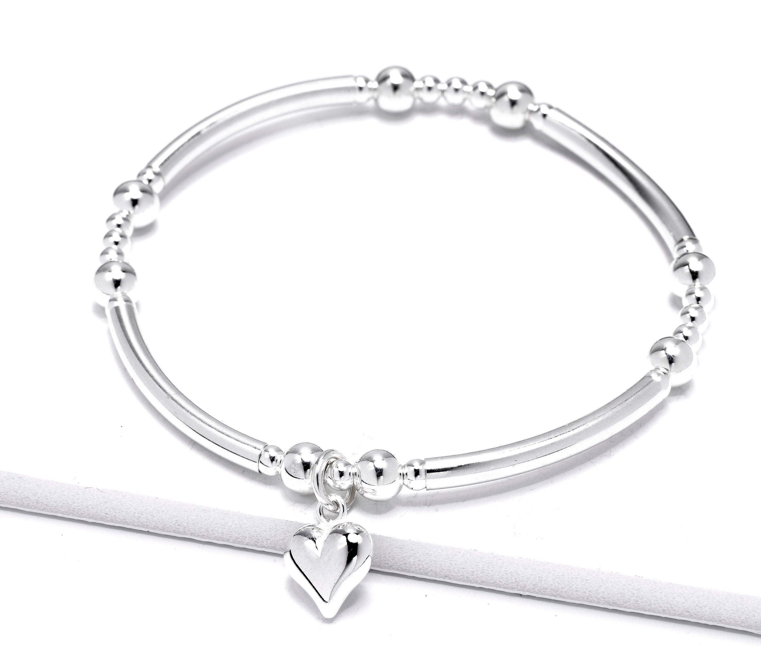 Sterling Silver Heart Charm Bracelet - Beaded Stacking Bracelet