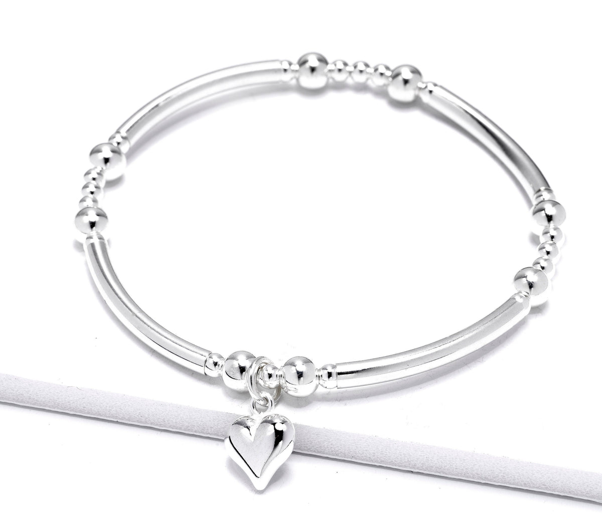 Sterling Silver Heart Charm Bracelet - Beaded Stacking Bracelet