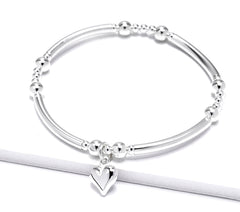 Sterling Silver Heart Charm Bracelet - Beaded Stacking Bracelet