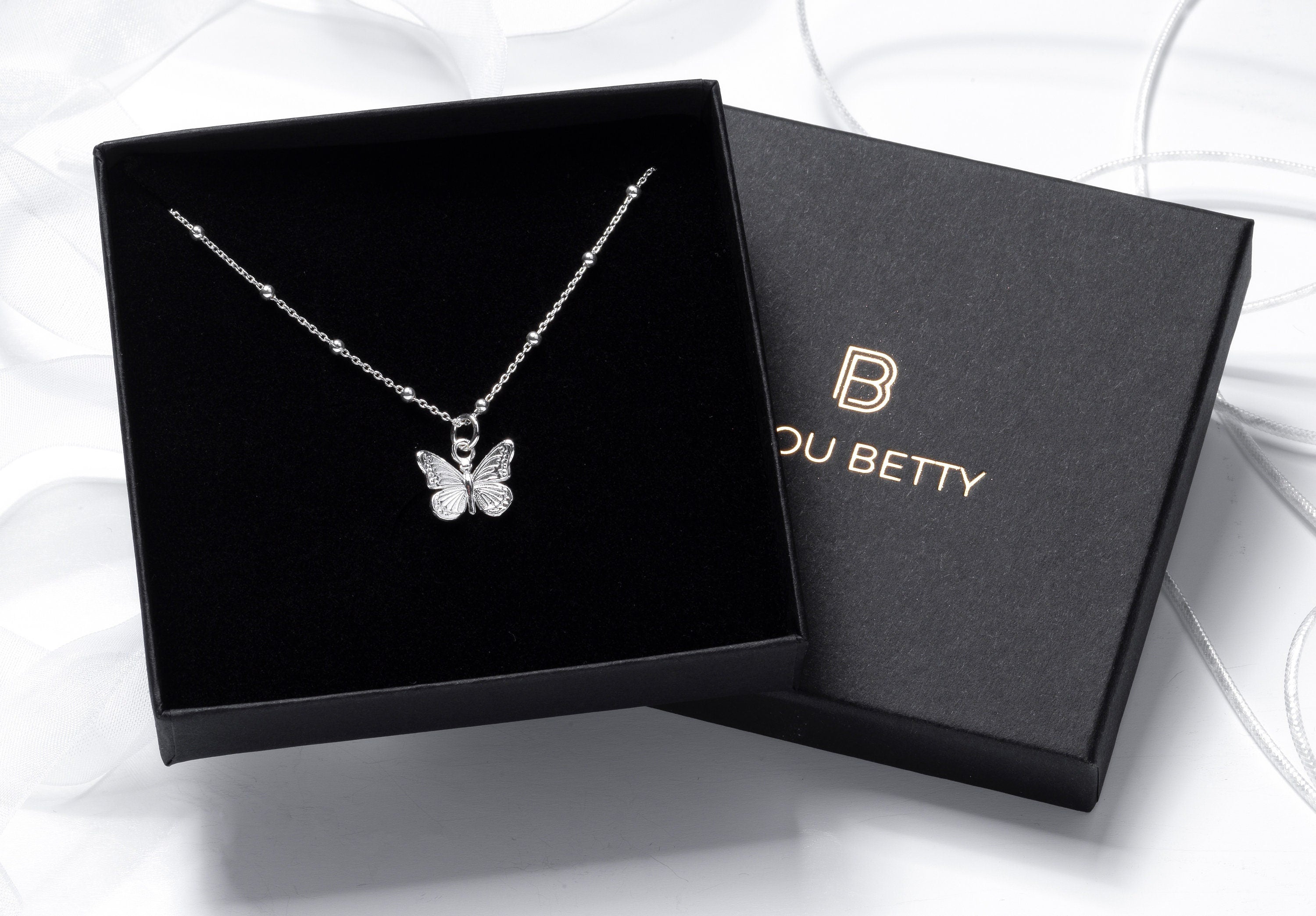 Sterling silver butterfly necklace in gift box. 