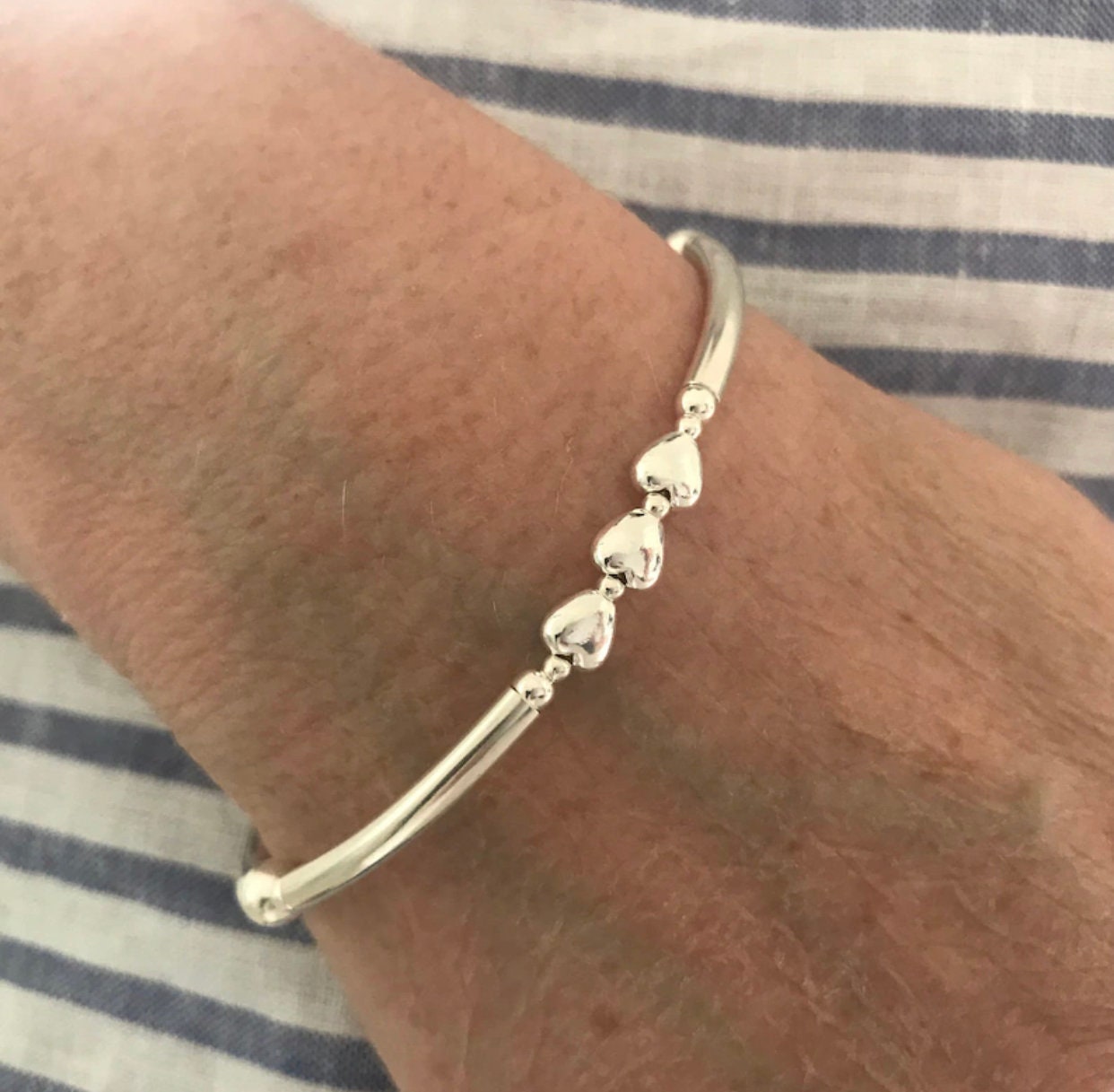 Sterling Silver 50th Birthday Bracelet: Five Heart Beads, Milestone Gift