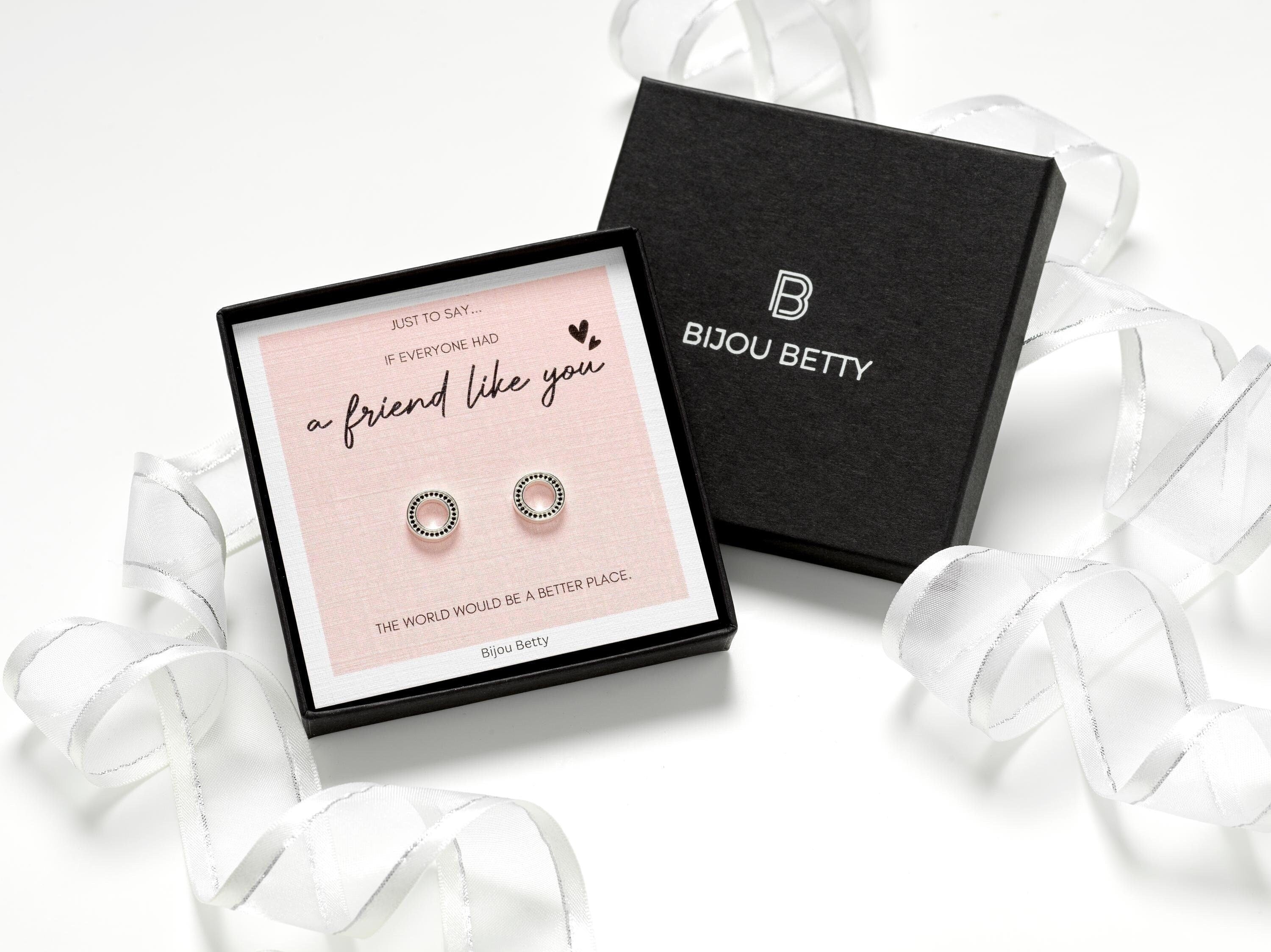 Sterling silver open circle stud earrings with black cubic zirconia stones, gift for a best friend. Includes luxury gift box, matching bag, tissue paper, ribbon, and message card: If everyone had a friend like you, the world would be a better place.