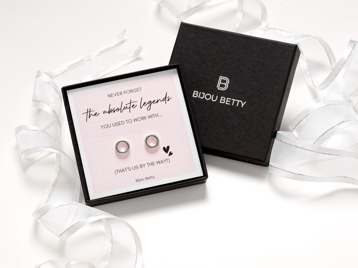 Sterling silver open circle earrings with black cubic zirconia stones, a perfect leaving gift for a colleague, beautifully packaged with a heartfelt message card.