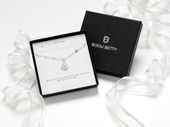 Sterling silver stepdaughter daisy necklace gift, 12mm gold-plated pendant, 16-18 inch chain, in Bijou Betty gift box with bag.