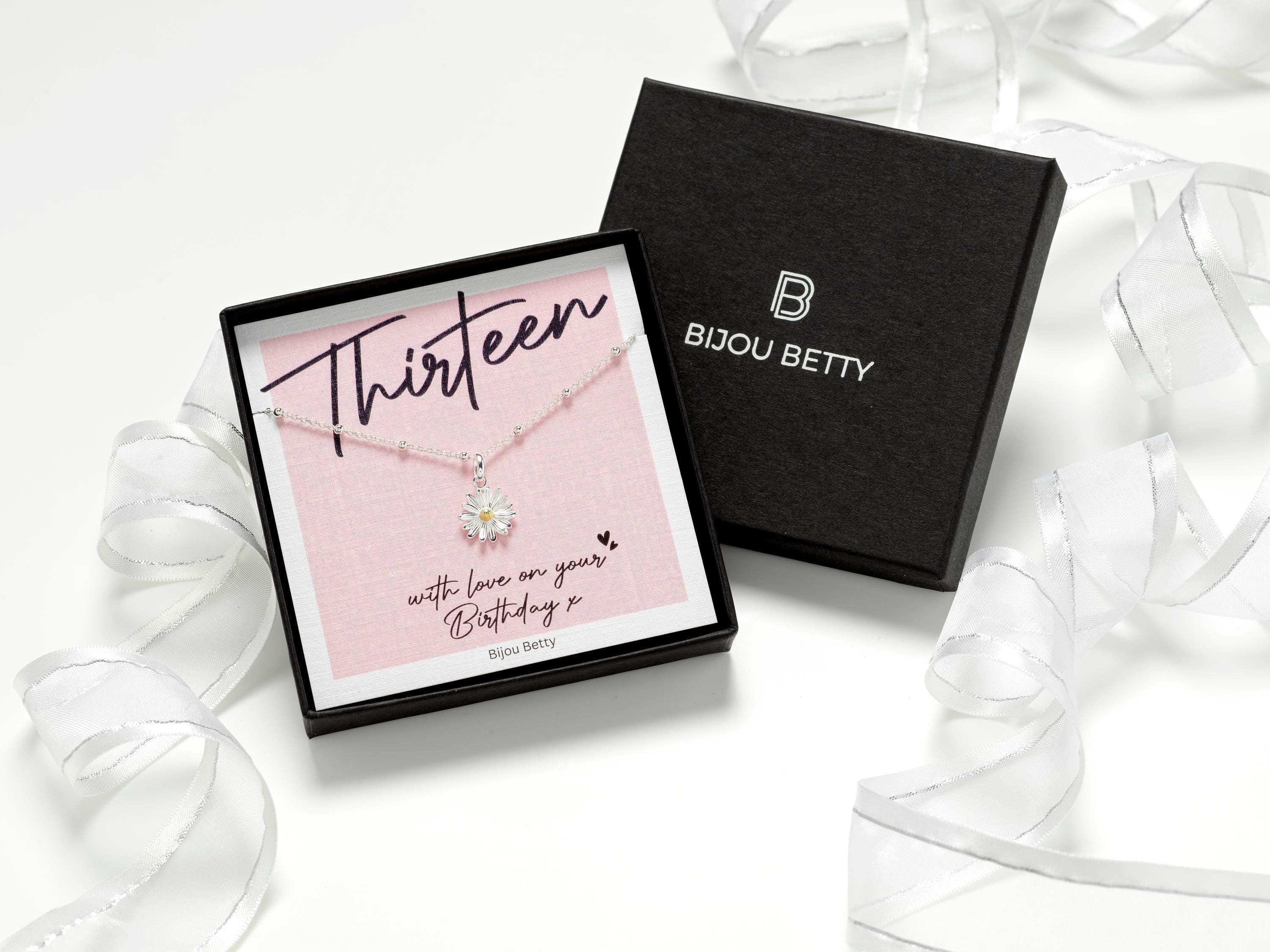 Sterling silver 13th birthday daisy necklace gift, 12mm pendant, 16-18 inch chain, in Bijou Betty gift box with bag.
