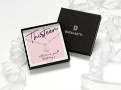 Sterling silver 13th birthday daisy necklace gift, 12mm pendant, 16-18 inch chain, in Bijou Betty gift box with bag.
