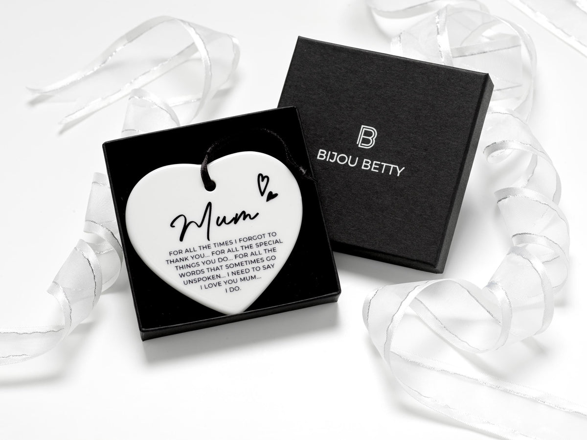 Ceramic heart mum gift keepsake, 75mm x 75mm with satin ribbon and quote, optional gift box for Mother’s Day.