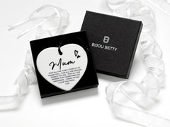 Ceramic heart mum gift keepsake, 75mm x 75mm with satin ribbon and quote, optional gift box for Mother’s Day.