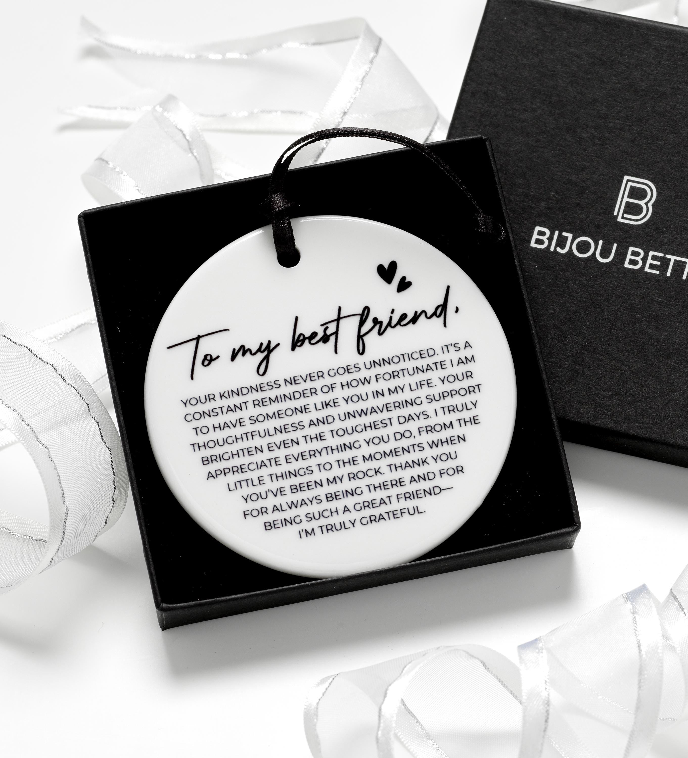 Ceramic Round Friendship Gift, Hanging Keepsake with Quote, Best Friend Present, Satin Ribbon