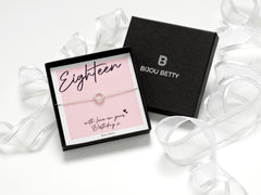 Sterling silver 18th birthday sunburst bracelet gift, CZ charm, 7-7.5 inch adjustable, in Bijou Betty gift box with bag.