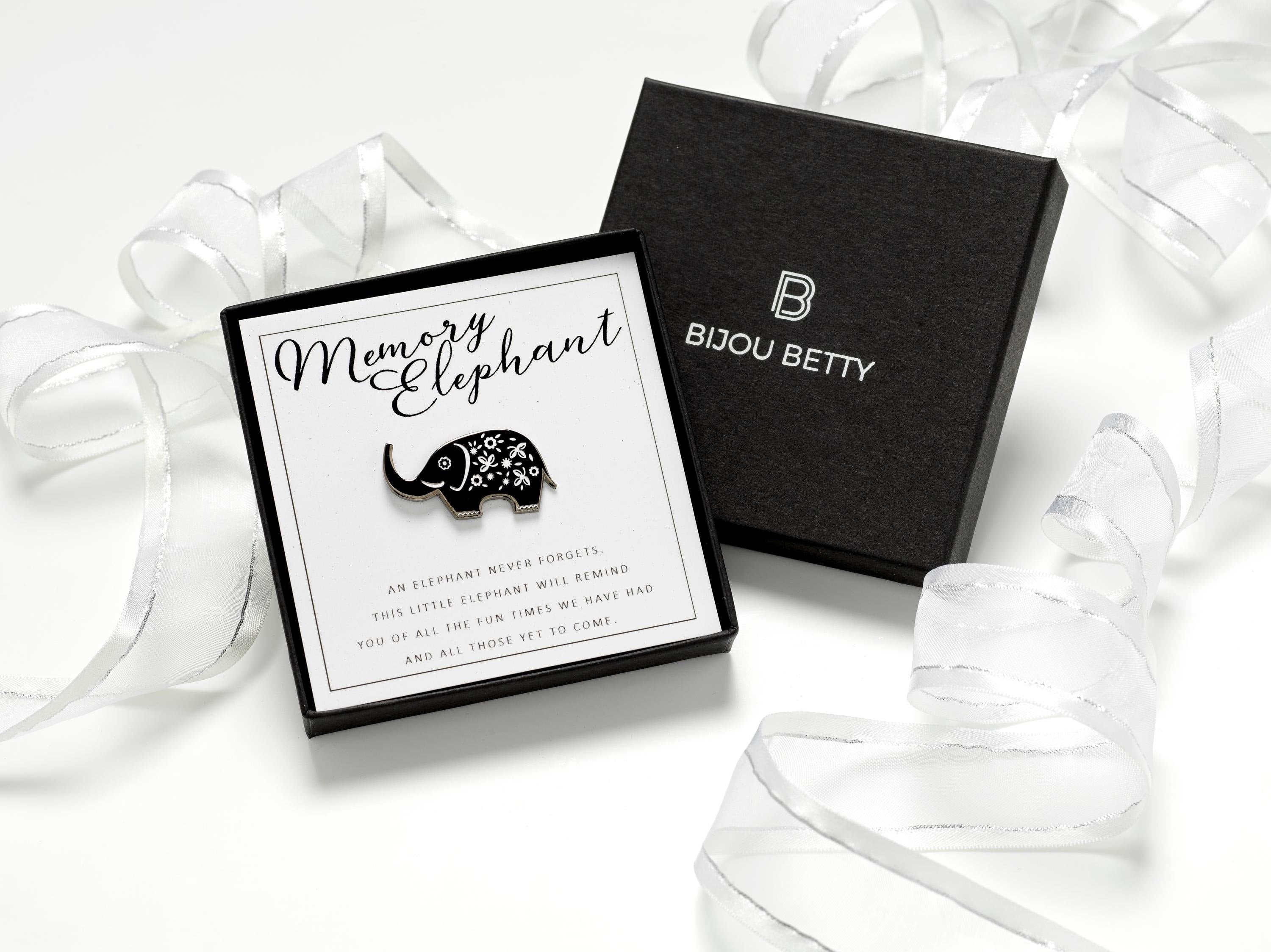 Memory elephant gift, 32mm x 16mm enamel pin keepsake with quote card, in Bijou Betty packaging with optional gift box or bag.