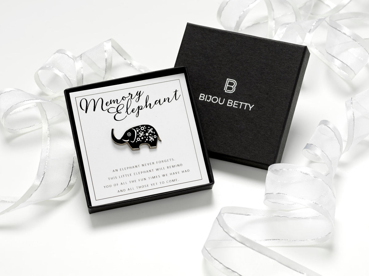 Memory elephant gift, 32mm x 16mm enamel pin keepsake with quote card, in Bijou Betty packaging with optional gift box or bag.