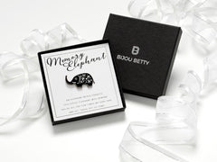 Memory elephant gift, 32mm x 16mm enamel pin keepsake with quote card, in Bijou Betty packaging with optional gift box or bag.