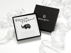 Memory elephant gift, 32mm x 16mm enamel pin keepsake with quote card, in Bijou Betty packaging with optional gift box or bag.