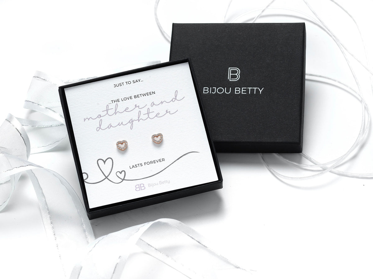 Sterling silver mother daughter heart earrings gift, 6mm x 7mm CZ studs, in Bijou Betty gift box with bag and card.