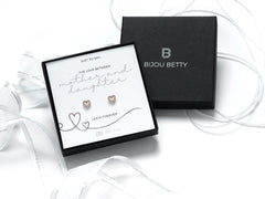 Sterling silver mother daughter heart earrings gift, 6mm x 7mm CZ studs, in Bijou Betty gift box with bag and card.
