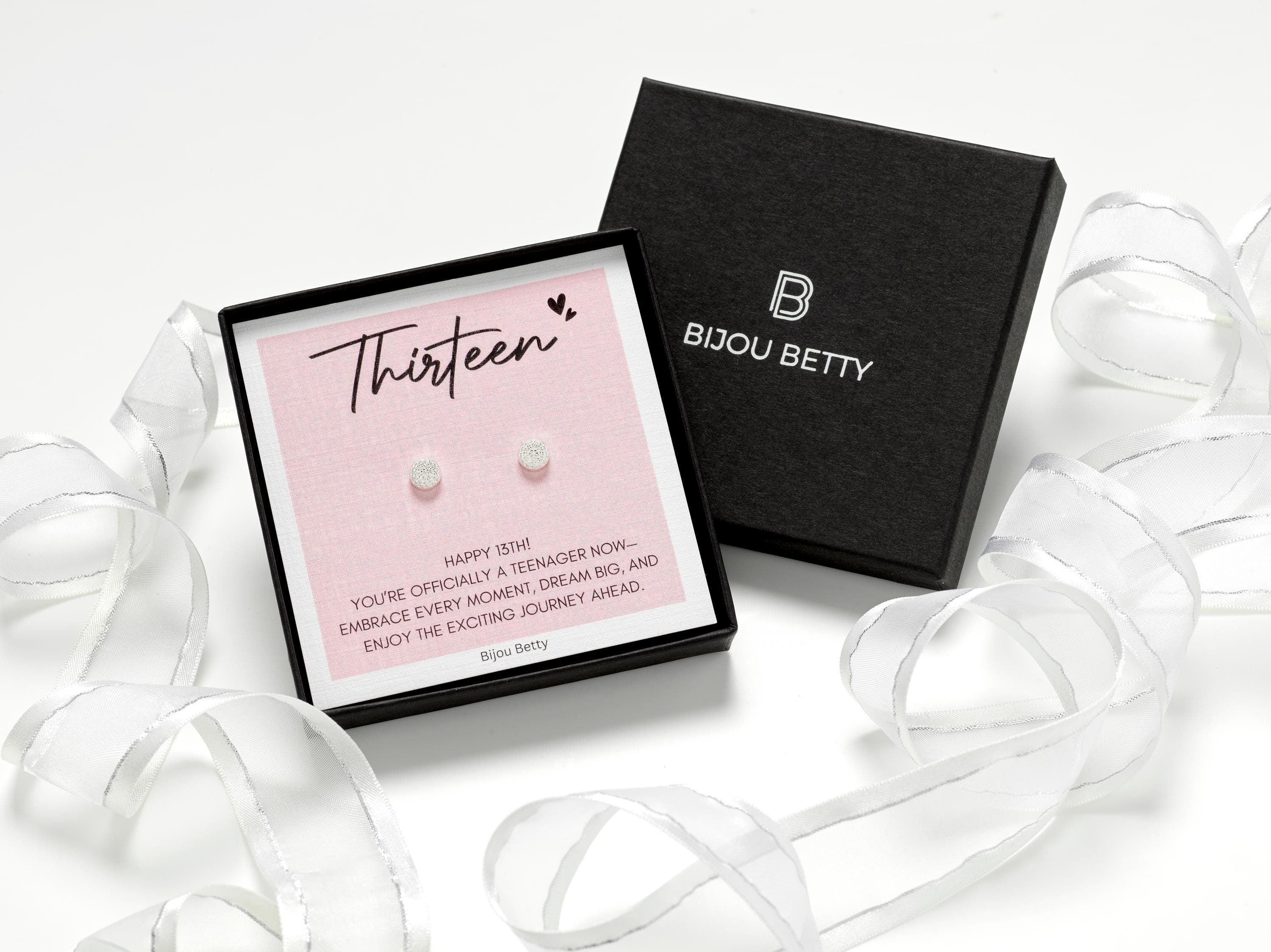Sterling silver 13th birthday earrings gift, 6mm CZ circle studs, gold option, in Bijou Betty gift box with bag and ribbon.