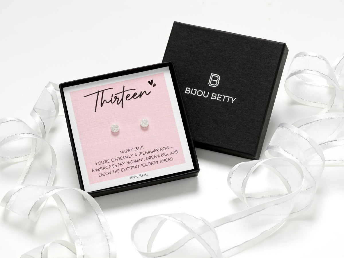 Sterling silver 13th birthday earrings gift, 6mm CZ circle studs, gold option, in Bijou Betty gift box with bag and ribbon.