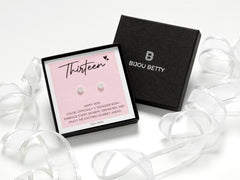Sterling silver 13th birthday earrings gift, 6mm CZ circle studs, gold option, in Bijou Betty gift box with bag and ribbon.