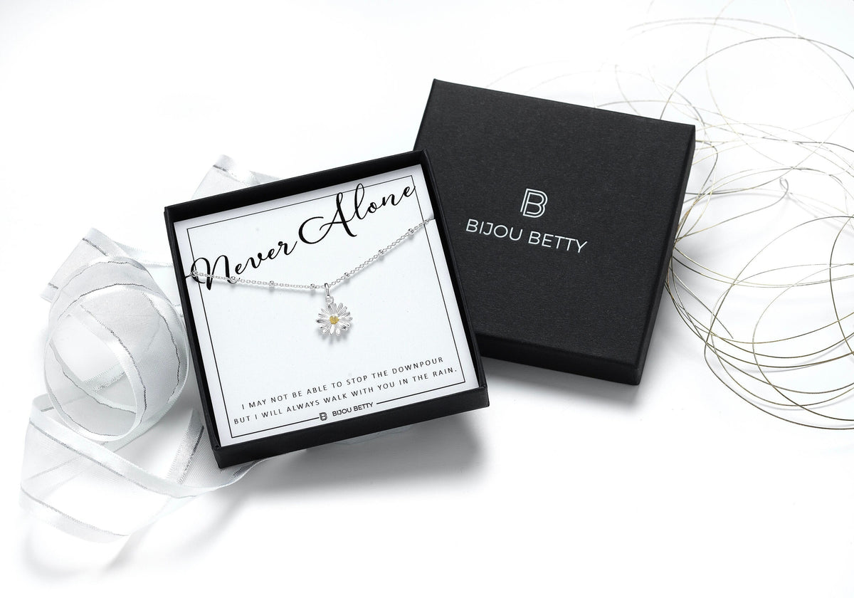Sterling silver never alone necklace support gift, 12mm daisy pendant, 16-18 inch chain, in Bijou Betty gift box with bag and card.