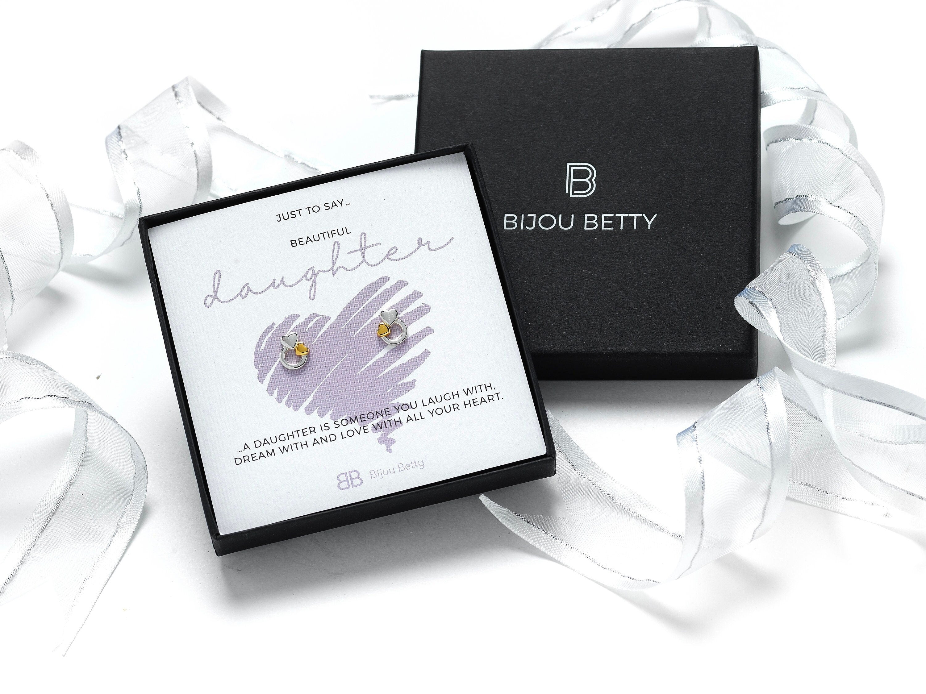 Sterling silver heart earrings gift for daughter, 7mm x 8mm charms, in Bijou Betty gift box with card and bag.