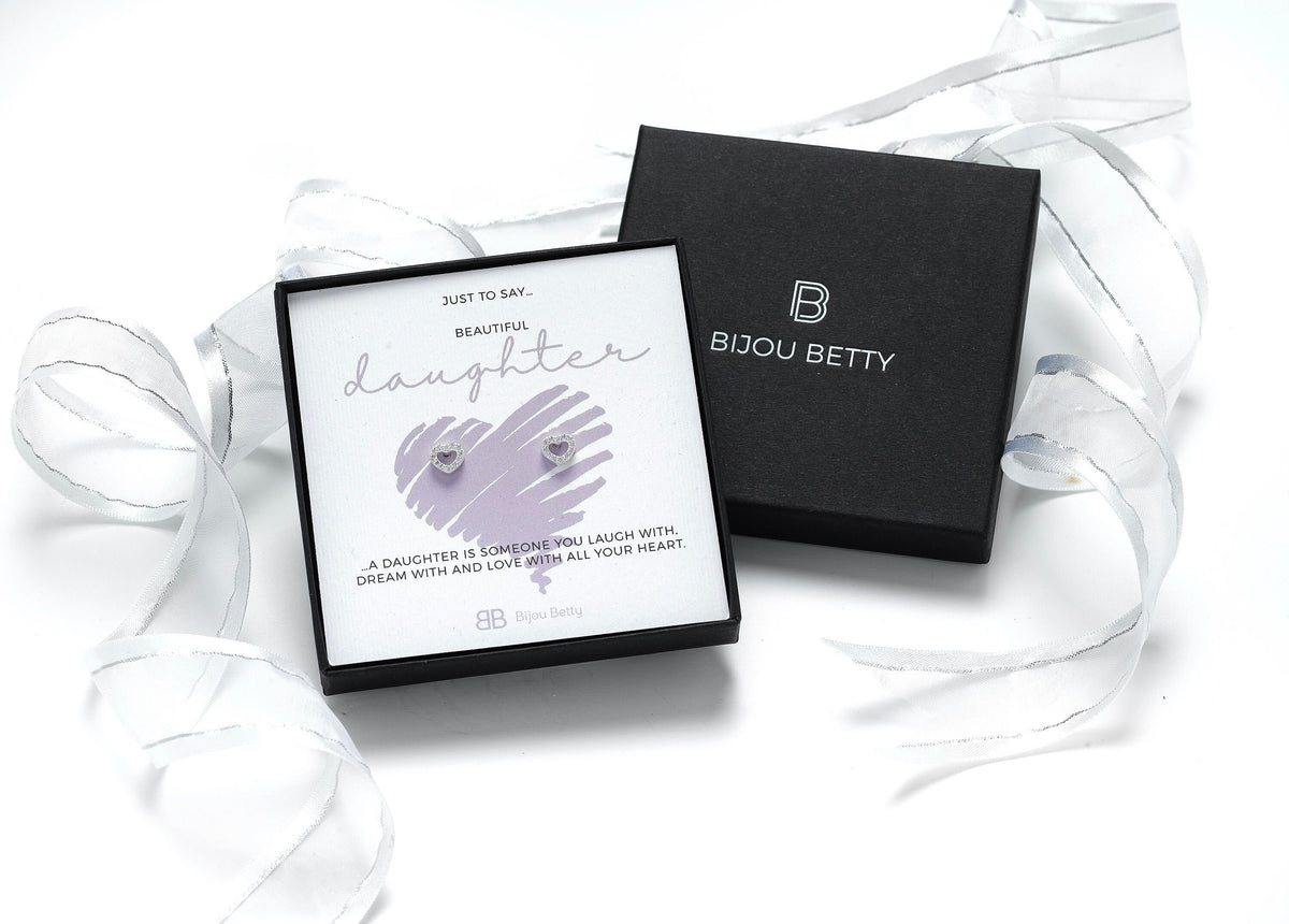 Sterling silver heart stud earrings gift for daughter, 6mm x 7mm, silver, gold, or rose gold, in Bijou Betty gift box.