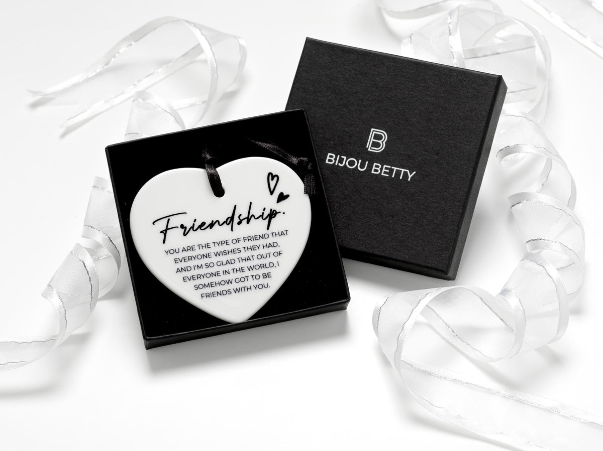 Ceramic heart friend gift keepsake, 75mm with quote and ribbon, in tissue with optional Bijou Betty box and bag.